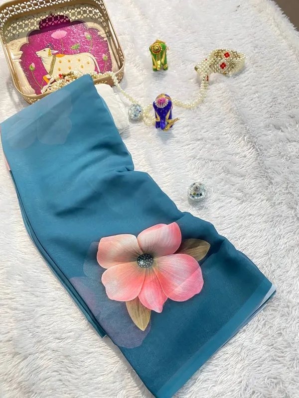 Aqua_Blue_Pure_Georgette_Saree_Matching_Blouse_Piece_For_Women