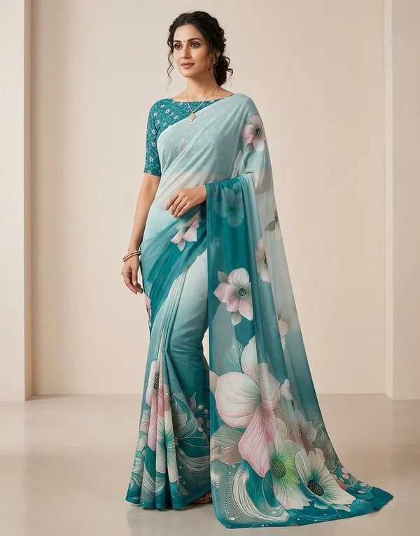 Teal_Pure_Georgette_Saree_Matching_Blouse_Piece_For_Women