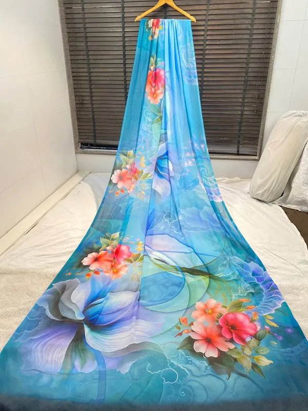 Sky_Blue_Pure_Georgette_Saree_Matching_Blouse_Piece_For_Women