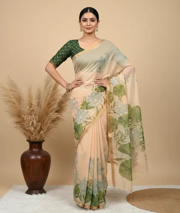 Cream_And_Green_Pure_Jamdhani_Cotton_Saree_Matching_Blouse_Piece_For_Women