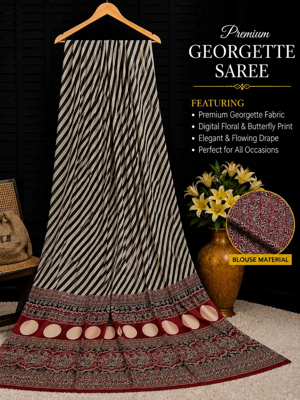 Black_And_Beige_Moss_Silk_Crepe_Saree_Matching_Blouse_Piece_For_Women