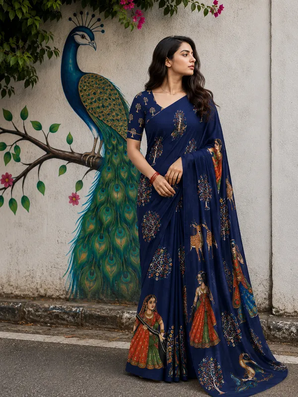 Navy_Blue_Moss_Silk_Crepe_Saree_Matching_Blouse_Piece_For_Women