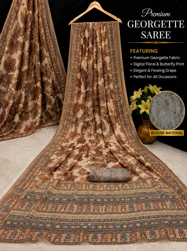 Brown_And_Beige_Pure_Georgette_Saree_Matching_Blouse_Piece_For_Women
