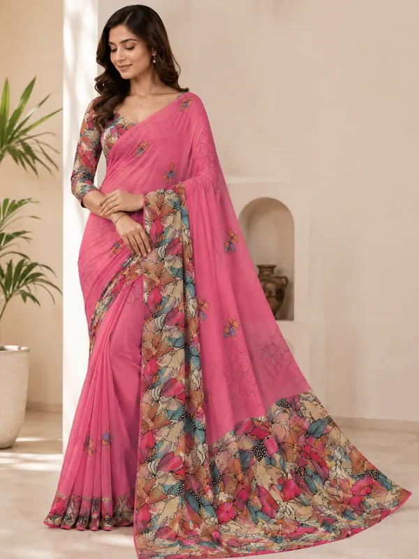 Pink_Pure_Georgette_Saree_Matching_Blouse_Piece_For_Women