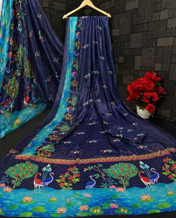 Navy_Blue_Moss_Silk_Crepe_Saree_Matching_Blouse_Piece_For_Women