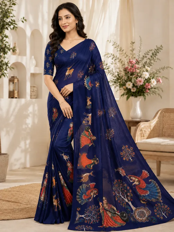 Navy_Blue_Moss_Silk_Crepe_Saree_Matching_Blouse_Piece_For_Women