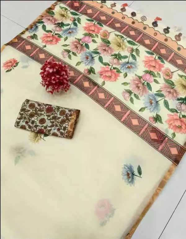 Cream_Pure_Jamdhani_Cotton_Saree_Matching_Blouse_Piece_For_Women