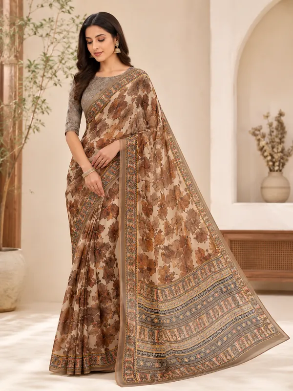 Brown_And_Beige_Pure_Georgette_Saree_Matching_Blouse_Piece_For_Women