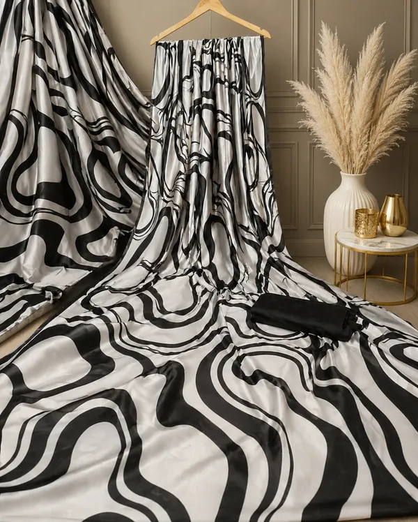 Black_And_White_Moss_Silk_Crepe_Saree_Matching_Blouse_Piece_For_Women