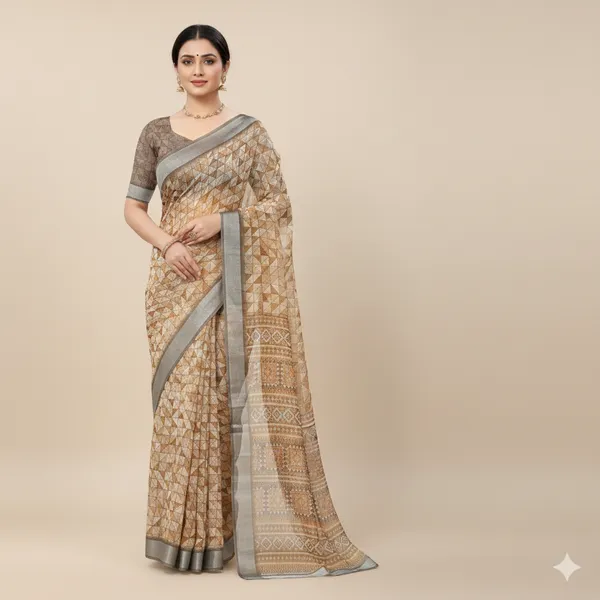 Beige_And_Grey_Pure_Jamdhani_Cotton_Saree_Matching_Blouse_Piece_For_Women