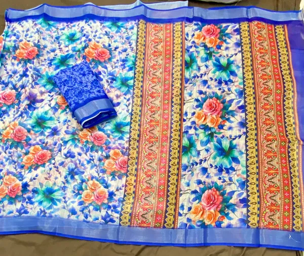 Blue_Pure_Jamdhani_Cotton_Saree_Matching_Blouse_Piece_For_Women