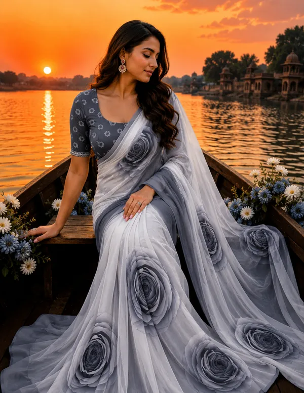White_And_Grey_Pure_Georgette_Saree_Matching_Blouse_Piece_For_Women
