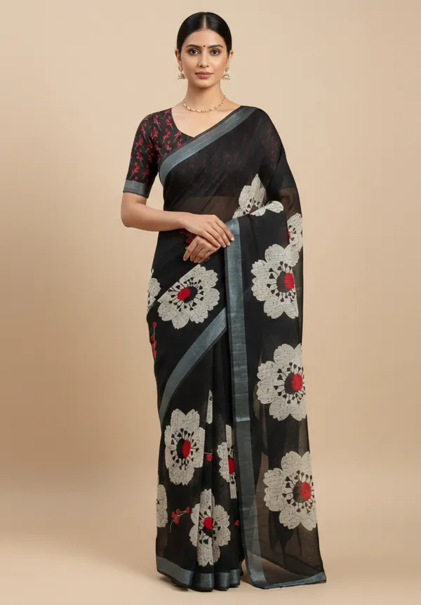 Black_And_Grey_Pure_Jamdhani_Cotton_Saree_Matching_Blouse_Piece_For_Women