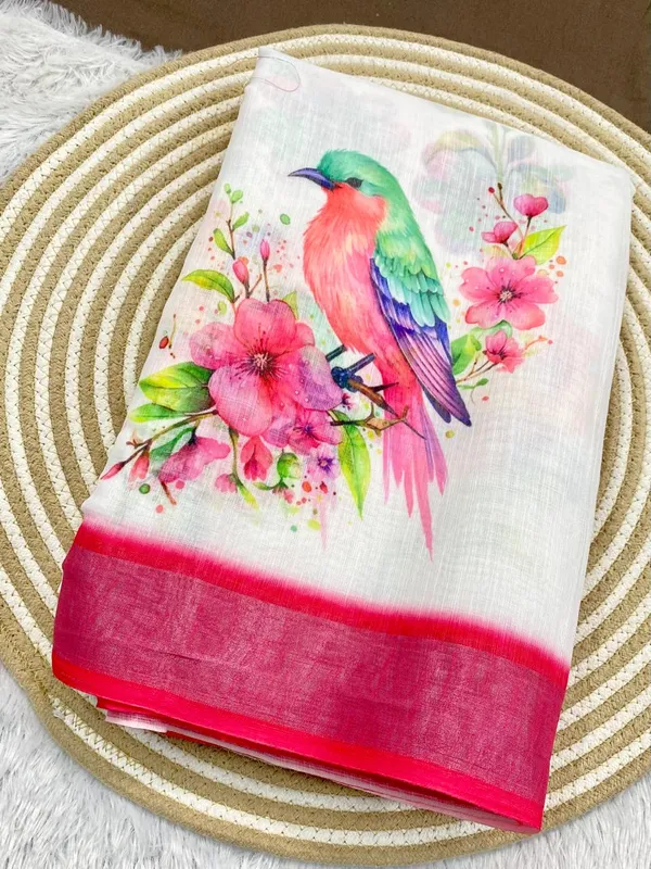 White_And_Pink_Pure_Jamdhani_Cotton_Saree_Matching_Blouse_Piece_For_Women