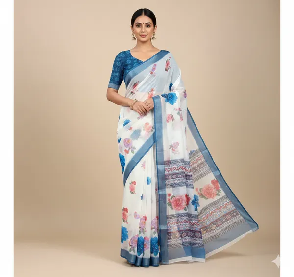 White_And_Blue_Pure_Jamdhani_Cotton_Saree_Matching_Blouse_Piece_For_Women