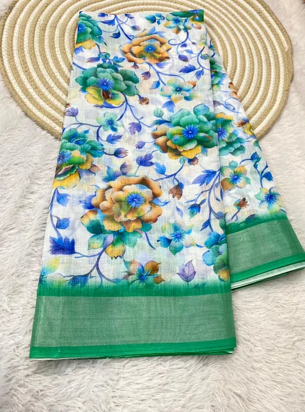 White_And_Green_Pure_Jamdhani_Cotton_Saree_Matching_Blouse_Piece_For_Women