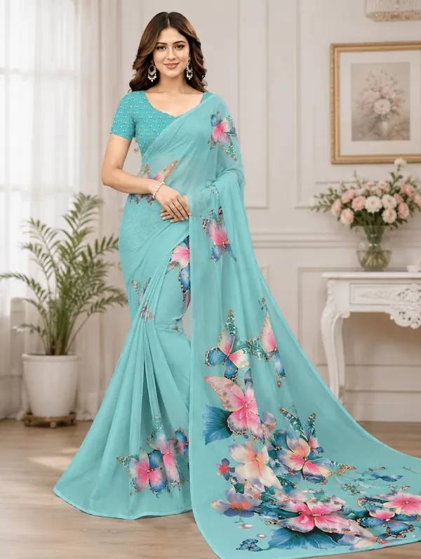 Sky_Blue_Pure_Georgette_Saree_Matching_Blouse_Piece_For_Women
