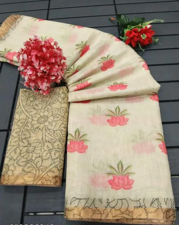 Cream_Pure_Jamdhani_Cotton_Saree_Matching_Blouse_Piece_For_Women