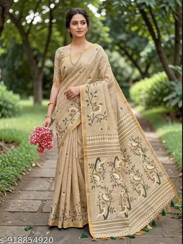 Beige_Pure_Jamdhani_Cotton_Saree_Matching_Blouse_Piece_For_Women