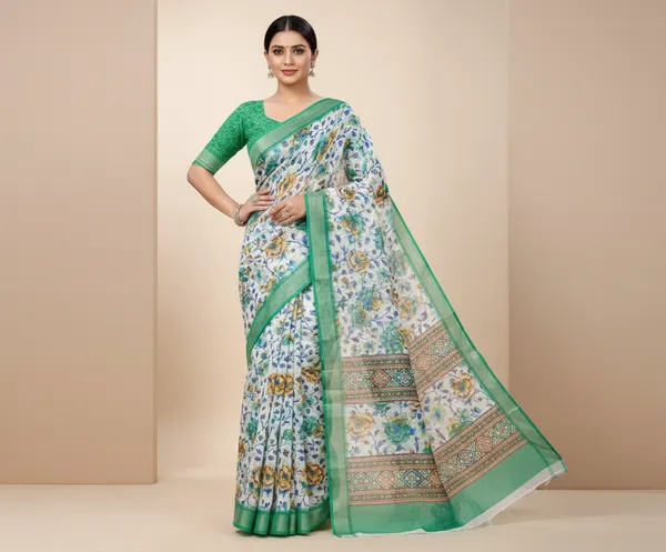White_And_Green_Pure_Jamdhani_Cotton_Saree_Matching_Blouse_Piece_For_Women