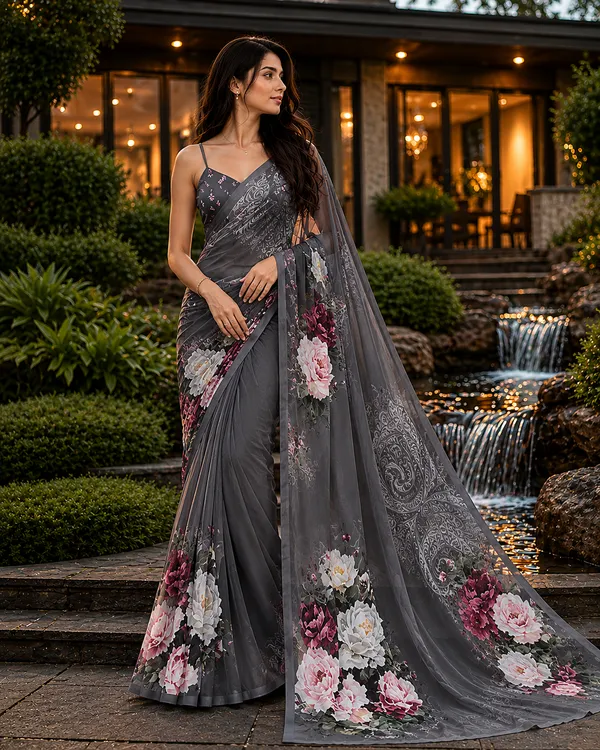 Grey_Pure_Georgette_Saree_Matching_Blouse_Piece_For_Women