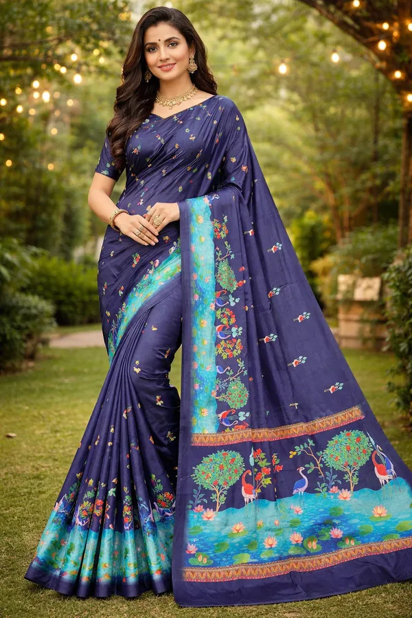Navy_Blue_Moss_Silk_Crepe_Saree_Matching_Blouse_Piece_For_Women