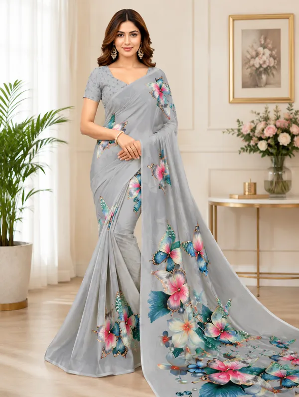 Grey_Pure_Georgette_Saree_Matching_Blouse_Piece_For_Women