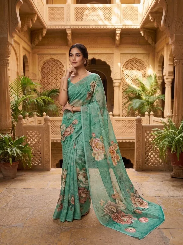 Mint_Green_Pure_Georgette_Saree_Matching_Blouse_Piece_For_Women