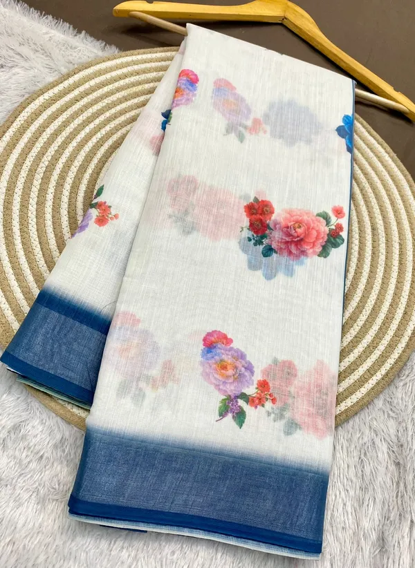 White_And_Blue_Pure_Jamdhani_Cotton_Saree_Matching_Blouse_Piece_For_Women