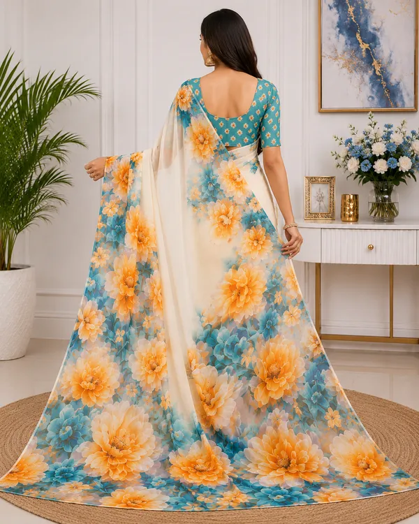 Cream_Pure_Georgette_Saree_Matching_Blouse_Piece_For_Women