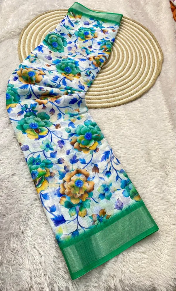 White_And_Green_Pure_Jamdhani_Cotton_Saree_Matching_Blouse_Piece_For_Women
