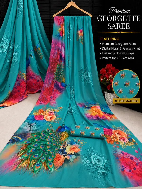 Turquoise_Pure_Georgette_Saree_Matching_Blouse_Piece_For_Women