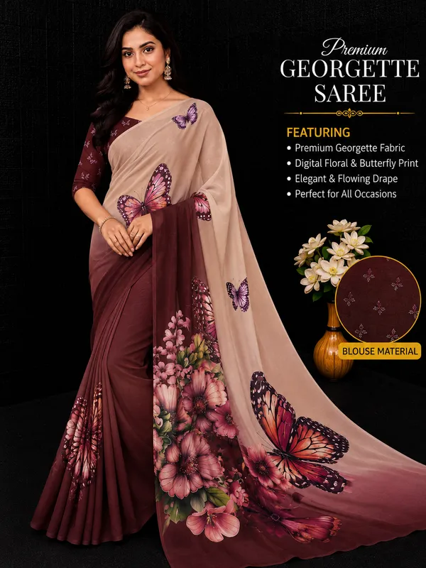 Beige_And_Maroon_Pure_Georgette_Saree_Matching_Blouse_Piece_For_Women