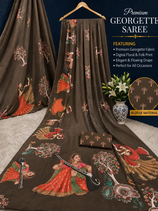 Brown_Moss_Silk_Crepe_Saree_Matching_Blouse_Piece_For_Women