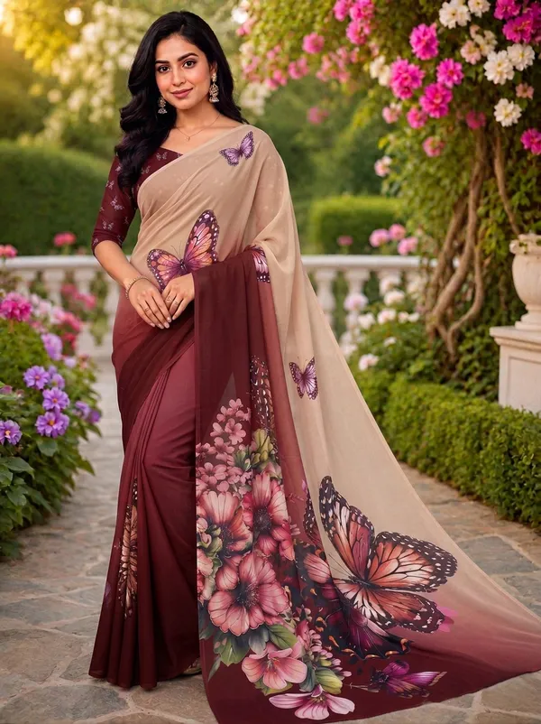 Beige_And_Maroon_Pure_Georgette_Saree_Matching_Blouse_Piece_For_Women
