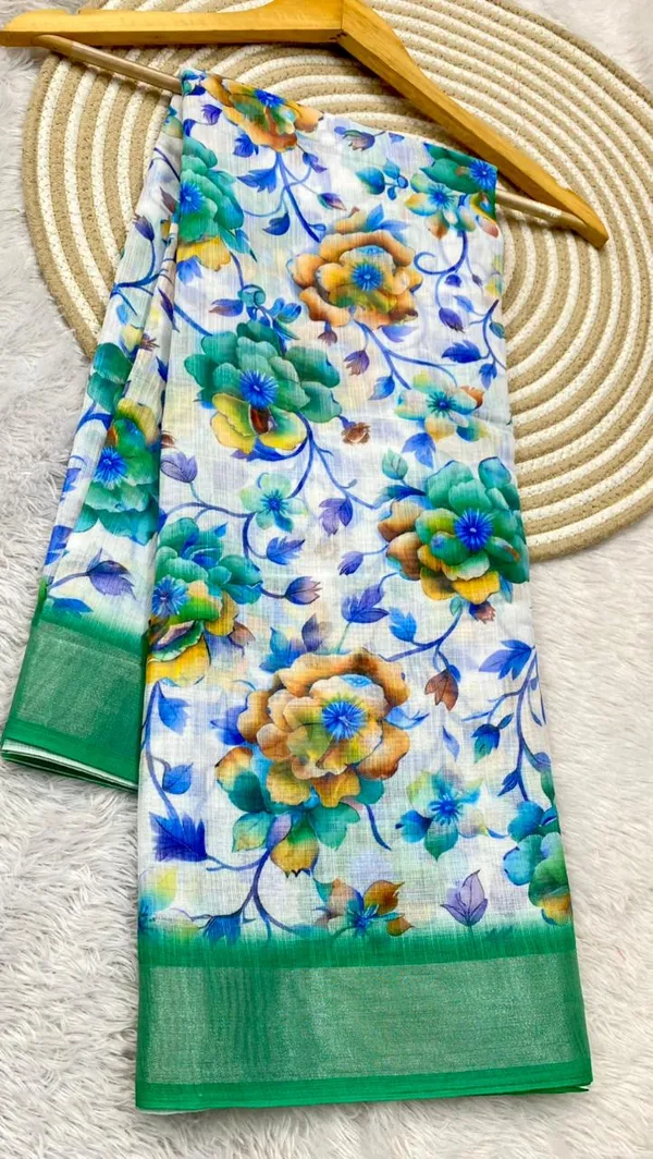 White_And_Green_Pure_Jamdhani_Cotton_Saree_Matching_Blouse_Piece_For_Women