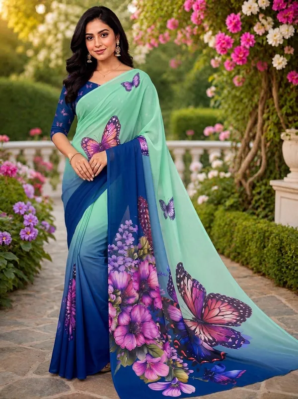 Sea_Green_Pure_Georgette_Saree_Matching_Blouse_Piece_For_Women