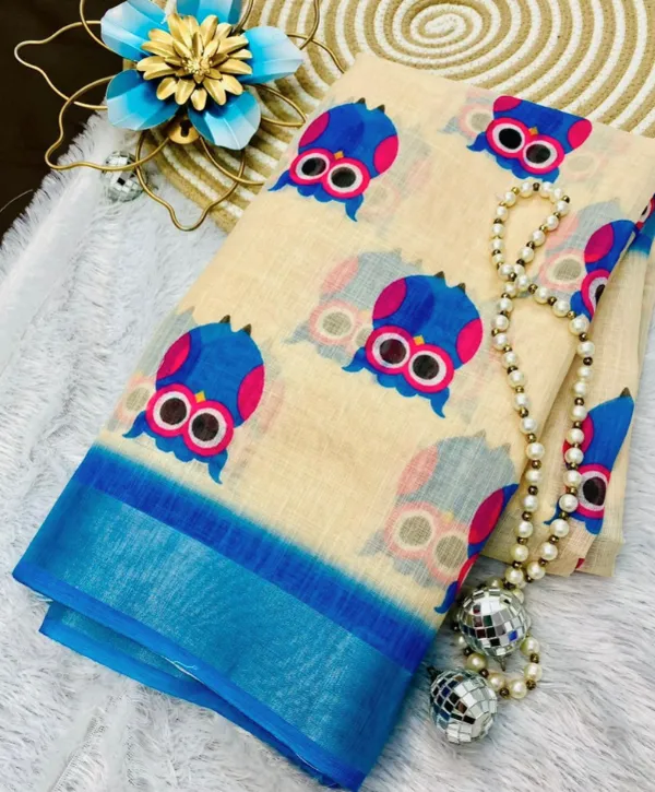 Cream_And_Blue_Pure_Jamdhani_Cotton_Saree_Matching_Blouse_Piece_For_Women