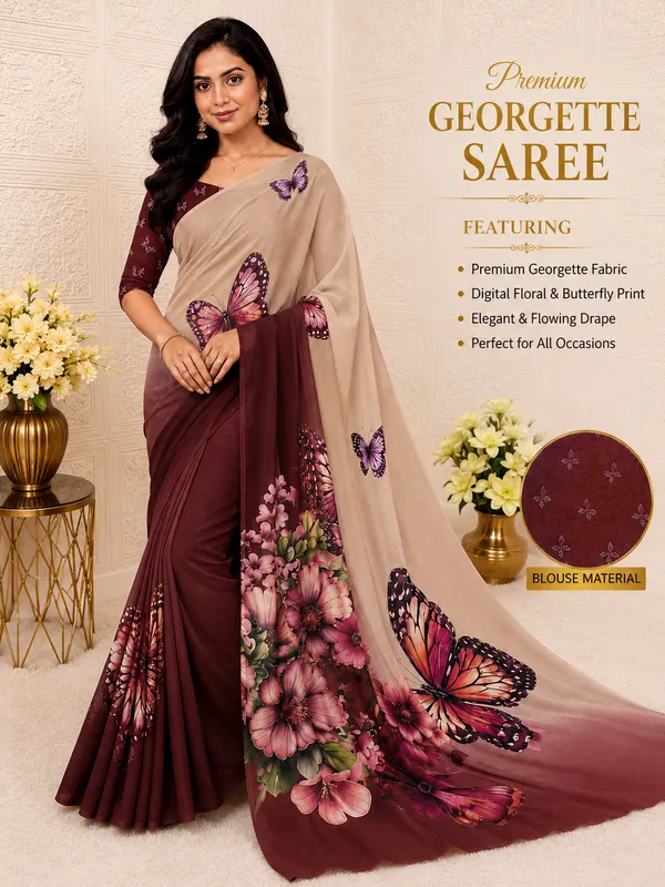 Beige_And_Maroon_Pure_Georgette_Saree_Matching_Blouse_Piece_For_Women