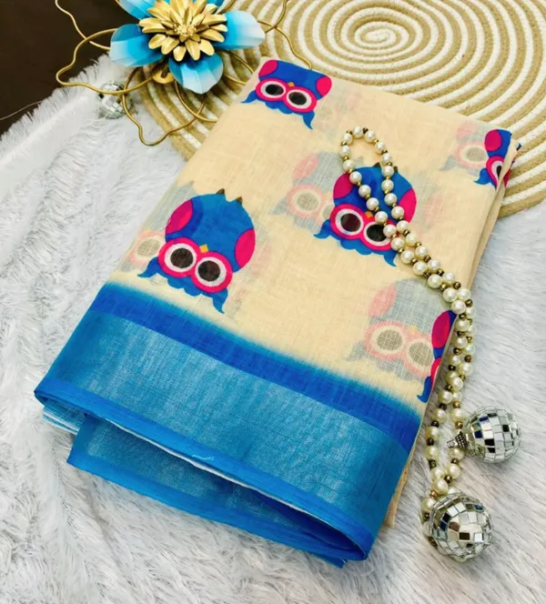 Cream_And_Blue_Pure_Jamdhani_Cotton_Saree_Matching_Blouse_Piece_For_Women