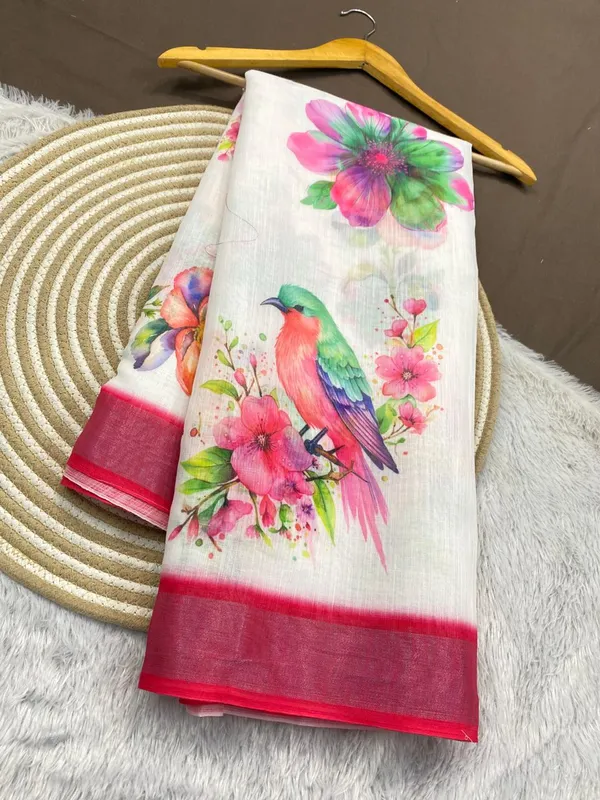 White_And_Pink_Pure_Jamdhani_Cotton_Saree_Matching_Blouse_Piece_For_Women