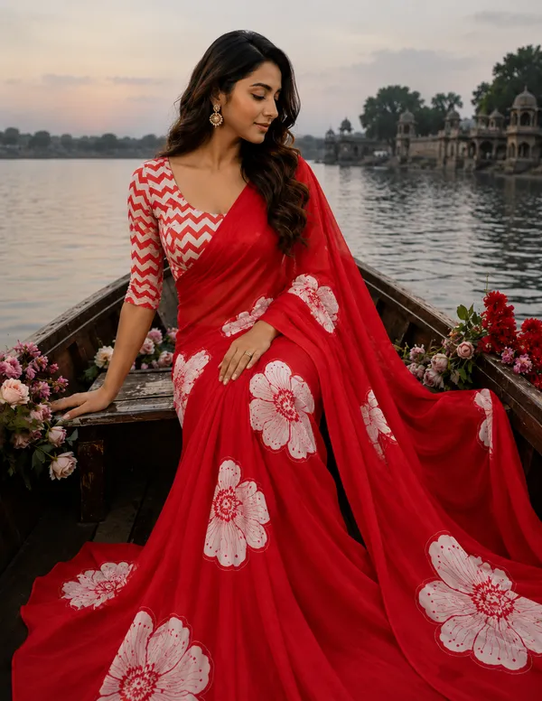 Red_Pure_Georgette_Saree_Matching_Blouse_Piece_For_Women