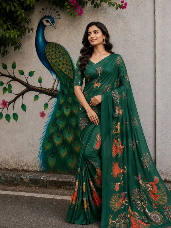 Green_Moss_Silk_Crepe_Saree_Matching_Blouse_Piece_For_Women