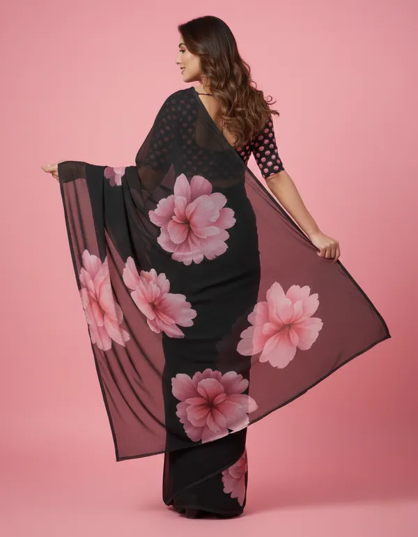 Black_And_Pink_Pure_Georgette_Saree_Matching_Blouse_Piece_For_Women