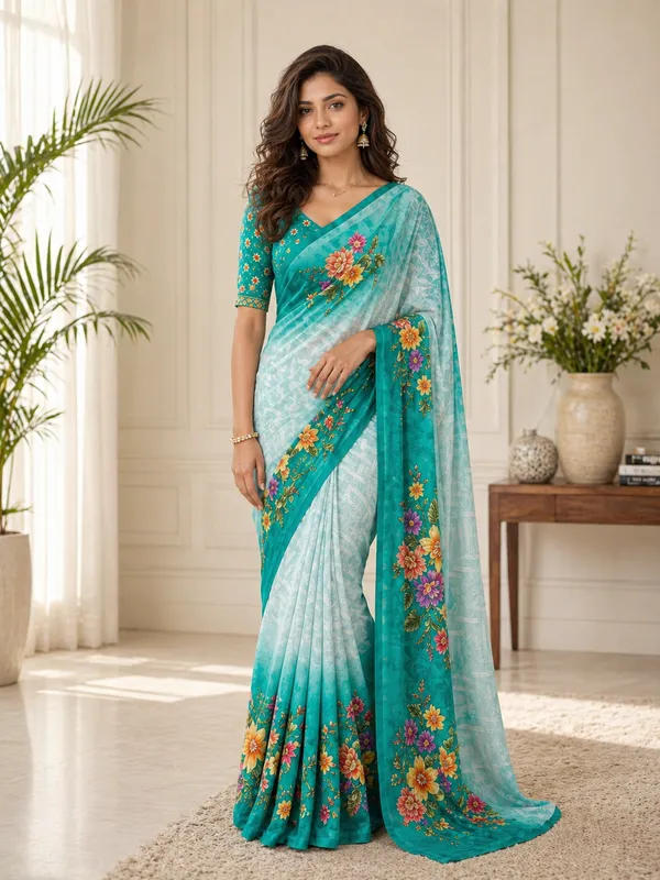 White_Pure_Georgette_Saree_Matching_Blouse_Piece_For_Women