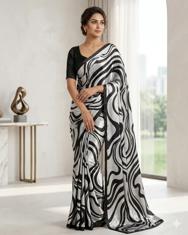 Black_And_White_Moss_Silk_Crepe_Saree_Matching_Blouse_Piece_For_Women