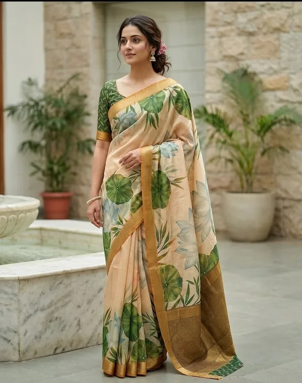 Cream_And_Green_Pure_Jamdhani_Cotton_Saree_Matching_Blouse_Piece_For_Women