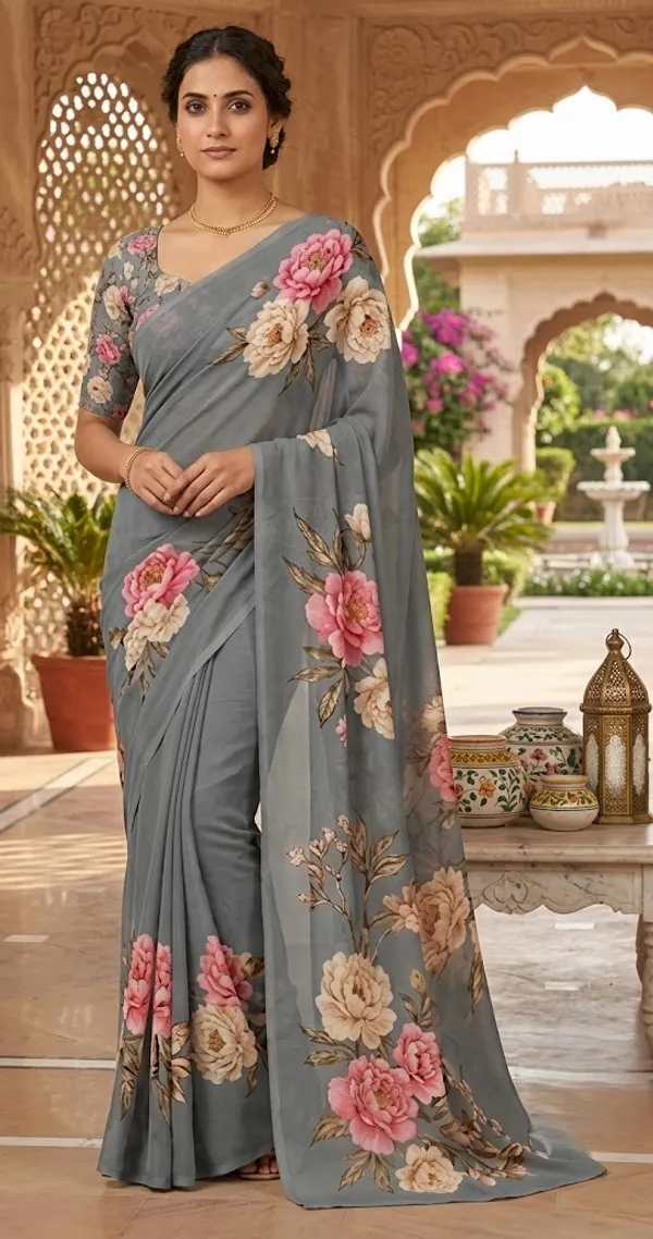 Light_Grey_Pure_Georgette_Saree_Matching_Blouse_Piece_For_Women