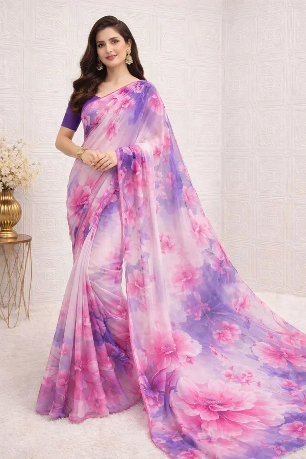 Pink_And_Blue_Pure_Georgette_Saree_Matching_Blouse_Piece_For_Women