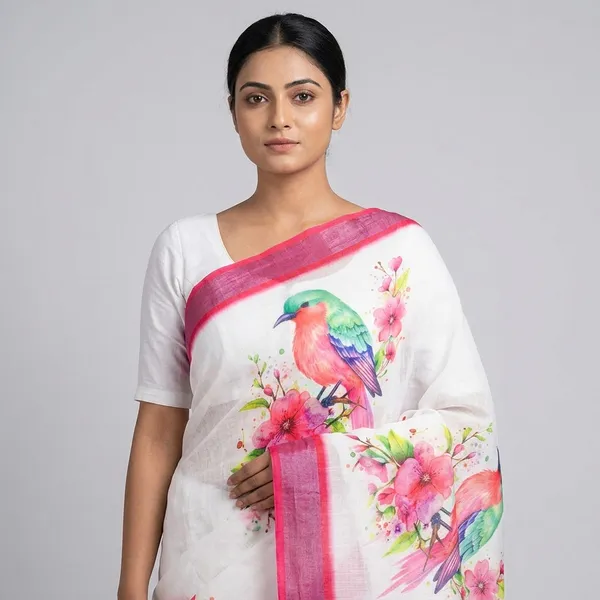White_And_Pink_Pure_Jamdhani_Cotton_Saree_Matching_Blouse_Piece_For_Women